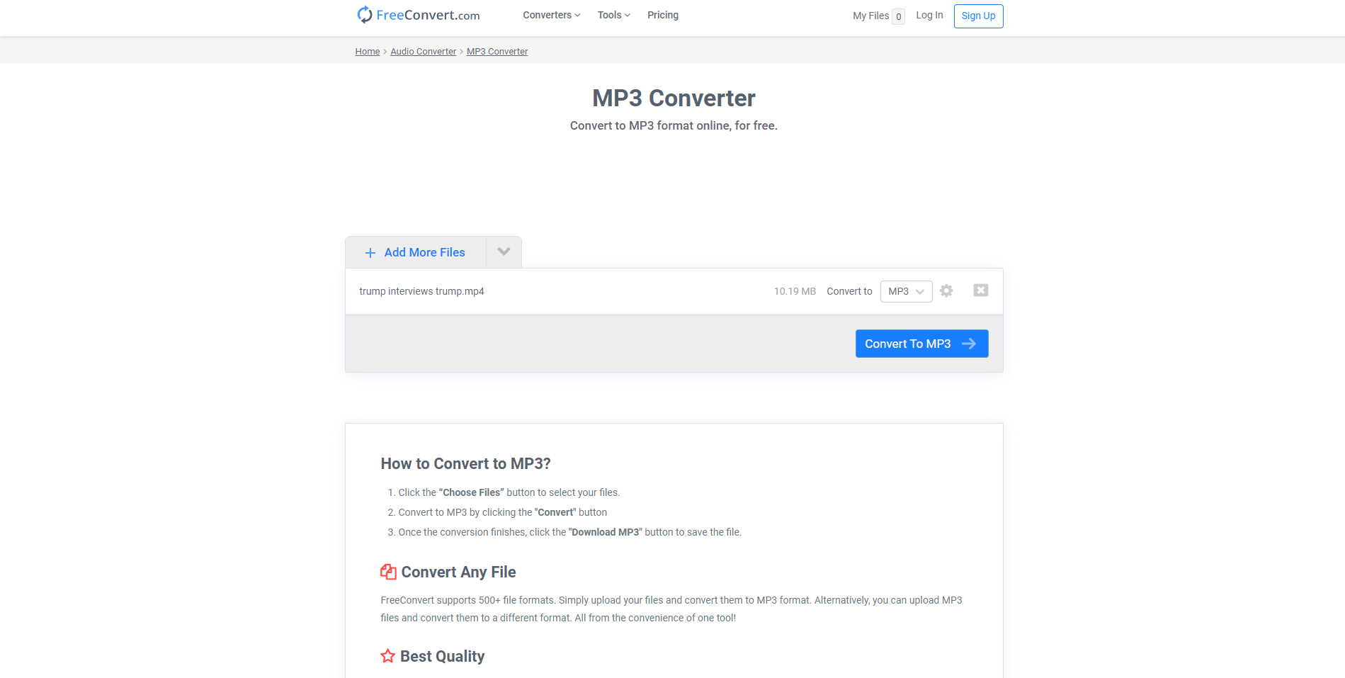 freeconvert screenshot - Come convertire un MP4 in MP3