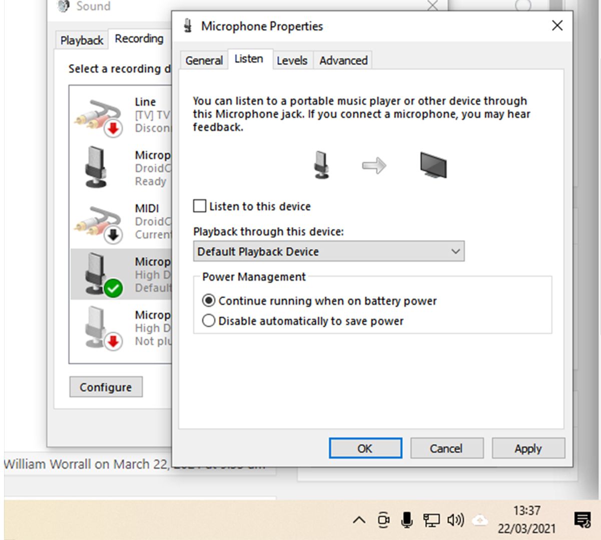 microphone properties screenshot - Come risolvere il loop di feedback audio del microfono in Windows 10